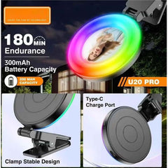 U20 PRO Ring Selfie Light - RGB Clip LED Fill Light with Tripod, Portable Mini Video Lighting for Phone & Camera (Black)
