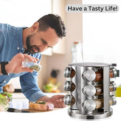 12-Piece Glass Spice Jar Set – Rotating Stainless Steel Spice Rack with 120ml Round Jars