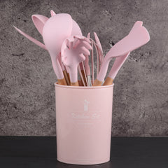 12-Piece Silicone Kitchen Set - Wooden Handles, Scratch-Resistant Baking Tools in Nylon Case, Perfect Home Kitchenware