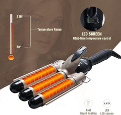 3-Barrel Ceramic Hair Curler Wand – Waver Curling Iron with LCD Display and 14 Adjustable Temperatures (80-210°C)
