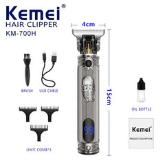 KM-700H Professional Cordless Hair Clipper. LCD display, 1500mAh USB rechargeable, adjustable blades & metal body for barbers.