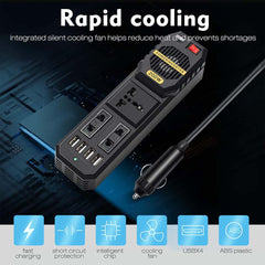 200W Car Power Inverter - DC 12V to AC 220V Converter with 2 AC Outlets, 4 USB Ports & Cigarette Lighter Socket
