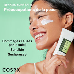 COSRX Aloe Soothing Sun Cream SPF50. Hydrating daily sunscreen for dry, sensitive skin. No white cast. UVA/UVB protection.