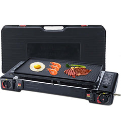 Portable Double Burner Card Stove. Windproof butane camp stove with 3-second ignition for fast outdoor cooking. Compact design.