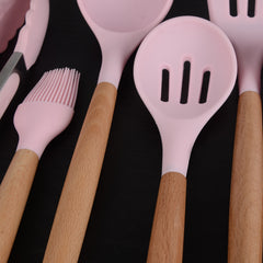 12-Piece Silicone Kitchen Set - Wooden Handles, Scratch-Resistant Baking Tools in Nylon Case, Perfect Home Kitchenware
