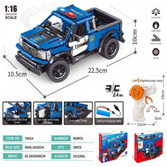 Block RC Police Ford Raptor. 1:16 scale remote-controlled technic racing car for building & high-speed action. Off-road model.