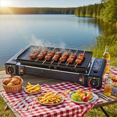 Portable Double Burner Card Stove. Windproof butane camp stove with 3-second ignition for fast outdoor cooking. Compact design.