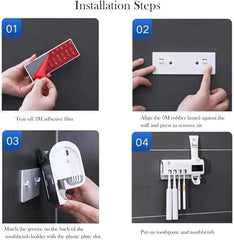 3-in-1 Intelligent Photosensitive Toothpaste Dispenser | Wall Mounted USB Rechargeable Solar Power Toothbrush Holder (White)