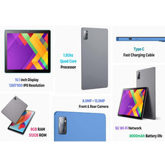 TAB11 PRO 10.1 Inch Android Tablet – 8GB RAM, 512GB ROM, Octa Core Processor, 6000 mAh Battery, 5G Connectivity, Dual Camera – Blue