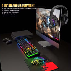 4-in-1 Gaming Combo: Wired Keyboard, Mouse, Headset & Mouse Pad. Rainbow LED backlit for PC, PS4, Xbox. Complete gaming setup.