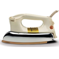 OE-21 Dry Iron with Teflon Coating. Suitable for all fabrics, ensuring smooth, scratch-free ironing. White and golden design.