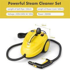 Pressurized Steam Cleaner 2000W. 2.0L tank with pressure gauge & German tech for carpets, cars & windows. Sanitizes & cleans.