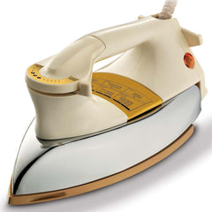 OE-21 Dry Iron with Teflon Coating. Suitable for all fabrics, ensuring smooth, scratch-free ironing. White and golden design.