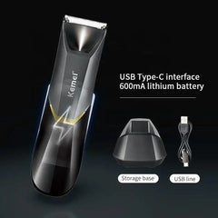 Kemei KM-3208 Professional Body Hair Trimmer. LED light, USB charging, waterproof for precise men & women intimate shaving.