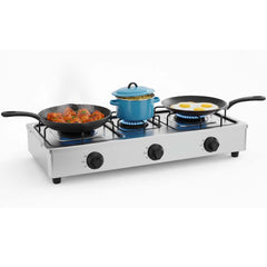 OE-444 3-Burner Gas Stove. Stainless steel enamel body with auto ignition for efficient, powerful triple-burner cooking.