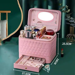 Leather Triple Makeup Case – Cosmetics Beauty Care Travel Storage with One Layer Drawer (Multi)