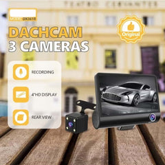 DX3618 3-Channel Car Dashcam. 4" HD display with front, rear & inside cameras. Loop recording, night vision & G-sensor.