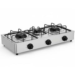 OE-444 3-Burner Gas Stove. Stainless steel enamel body with auto ignition for efficient, powerful triple-burner cooking.