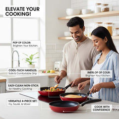 OE-017 4-Piece Red Non-Stick Frying Pan Set. 3 aluminum pans & spatula in 20cm, 24cm, 26cm. Dishwasher-safe.