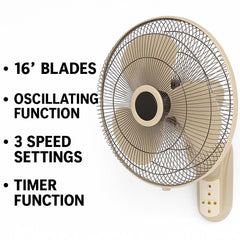 MWFV-433RC 16" Wall Mount Fan - Remote Control, 3-Speed, Adjustable Tilt, Quiet Operation for Home & Office