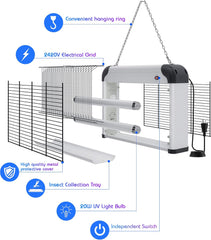 Electric Bug Zapper - 20W UV Mosquito Killer, 2800V Grid, Plug-in Hanging Indoor Insect Trap for Mosquitoes, Flies, Moths