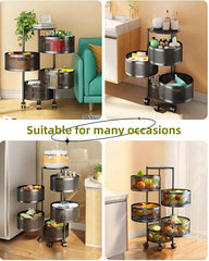 5-Tier Kitchen Storage Shelf - Rotatable Fruit & Vegetable Basket with 360° Swivel Wheels | Circular Rotating Storage Rack for Kitchen, Pantry, Bathroom, and More | Large Capacity Metal Organizer for Snacks, Spices, and Produce