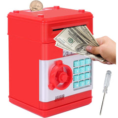 Electronic Money Bank for Kids - Password Lock, Auto Cash Scroll, ATM-Style Piggy Bank (Red)