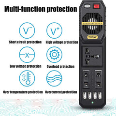 200W Car Power Inverter - DC 12V to AC 220V Converter with 2 AC Outlets, 4 USB Ports & Cigarette Lighter Socket