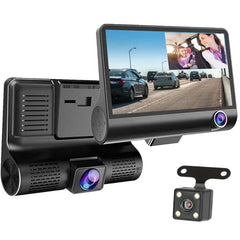 DX3618 3-Channel Car Dashcam. 4" HD display with front, rear & inside cameras. Loop recording, night vision & G-sensor.