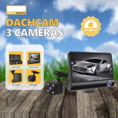 DX3618 3-Channel Car Dashcam. 4" HD display with front, rear & inside cameras. Loop recording, night vision & G-sensor.