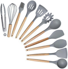 19-Piece Silicone Cooking Utensils & Knife Set with Block | Includes 11 Silicone Utensils, 5 Stainless Steel Knives, Scissors, Cutting Board | Grey
