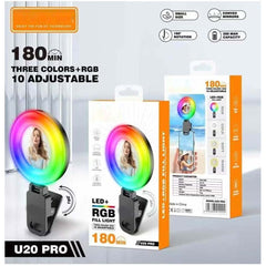 U20 PRO Ring Selfie Light - RGB Clip LED Fill Light with Tripod, Portable Mini Video Lighting for Phone & Camera (Black)