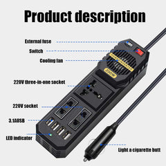 200W Car Power Inverter - DC 12V to AC 220V Converter with 2 AC Outlets, 4 USB Ports & Cigarette Lighter Socket