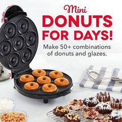 Mini Donut Maker Machine – Kid-Friendly Breakfast and Snack Maker with Non-Stick Surface, Delightful Donut Print Design, Makes 7 Doughnuts (Multi)