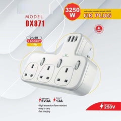 Dx871 Power Strip with 3 AC outlets, 2 USB ports & 1 PD port for fast charging. Compact modern design in white.